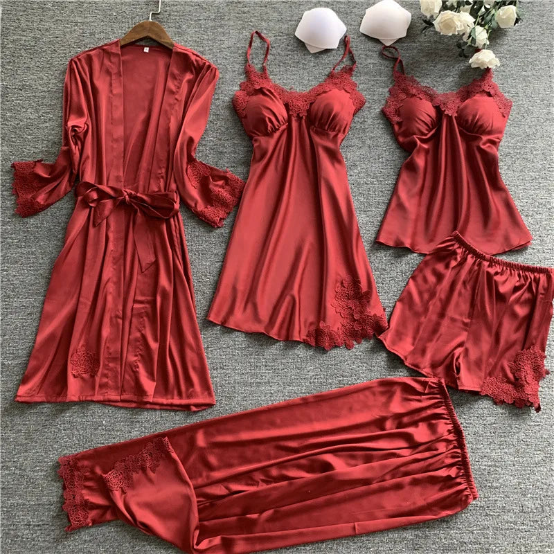 Desire Station 5 Pieces Silk Pajamas Sets Women Satin Sleepwear Robe Pants Autumn Pijamas