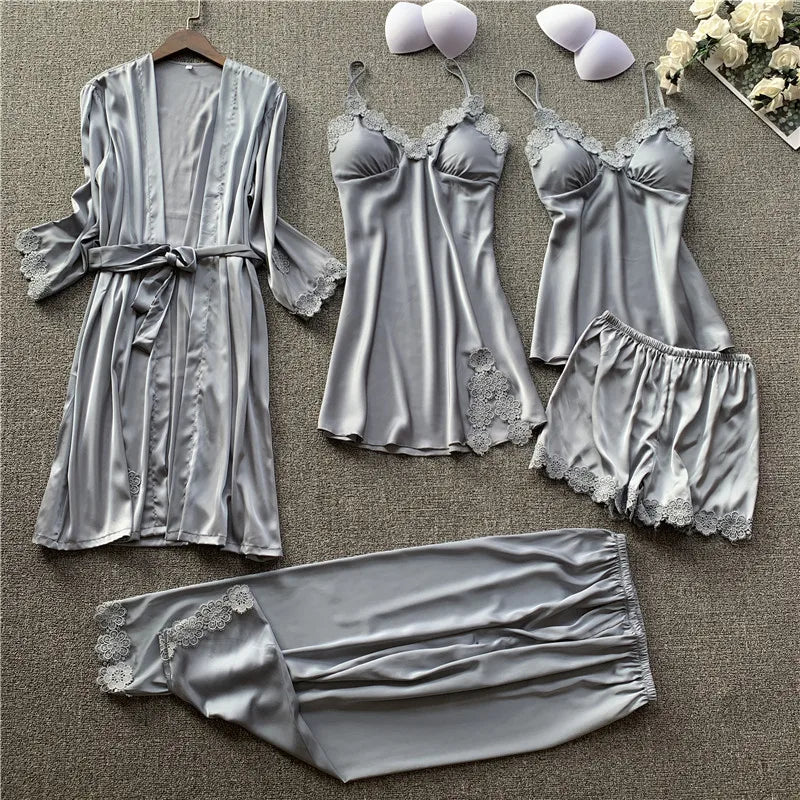 Desire Station 5 Pieces Silk Pajamas Sets Women Satin Sleepwear Robe Pants Autumn Pijamas