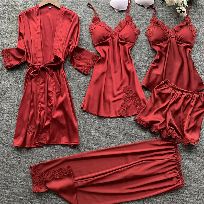 Desire Station 5 Pieces Silk Pajamas Sets Women Satin Sleepwear Robe Pants Autumn Pijamas