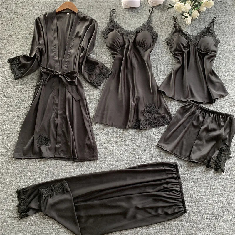 Desire Station 5 Pieces Silk Pajamas Sets Women Satin Sleepwear Robe Pants Autumn Pijamas