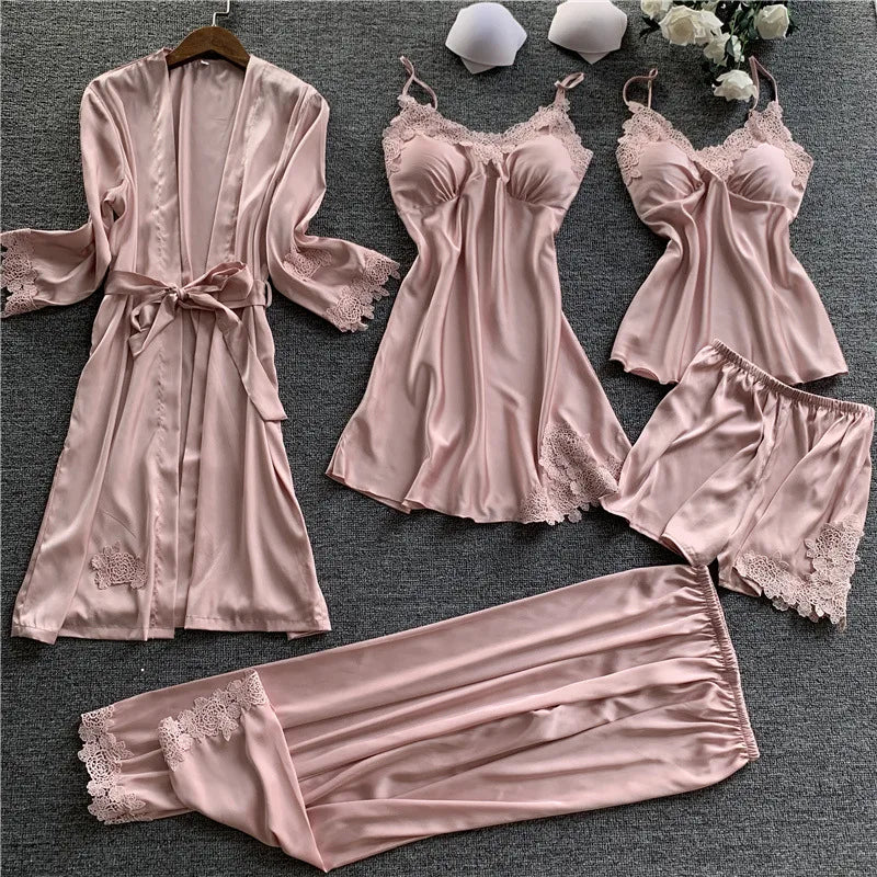 Desire Station 5 Pieces Silk Pajamas Sets Women Satin Sleepwear Robe Pants Autumn Pijamas