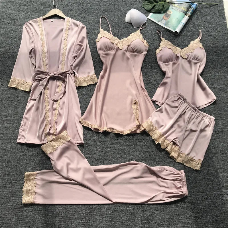 Desire Station 5 Pieces Silk Pajamas Sets Women Satin Sleepwear Robe Pants Autumn Pijamas