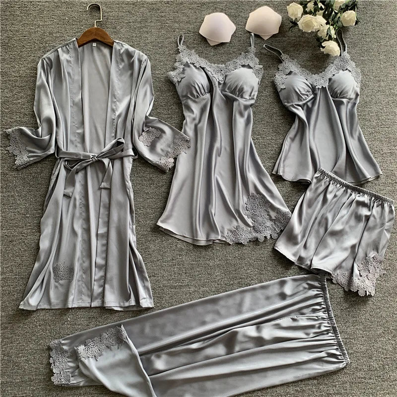 Desire Station 5 Pieces Silk Pajamas Sets Women Satin Sleepwear Robe Pants Autumn Pijamas