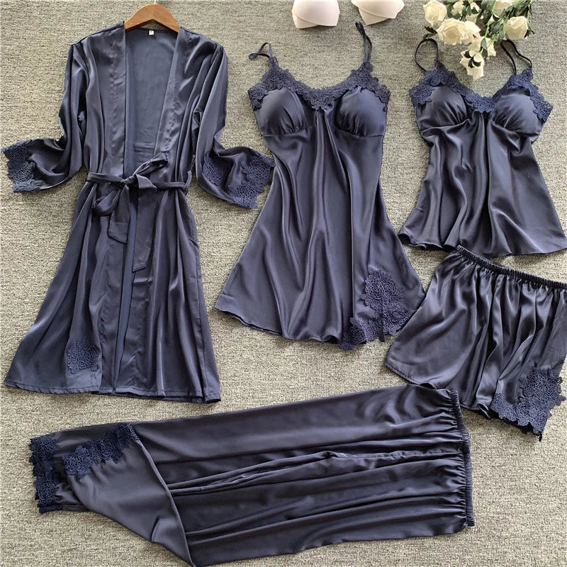 Desire Station 5 Pieces Silk Pajamas Sets Women Satin Sleepwear Robe Pants Autumn Pijamas