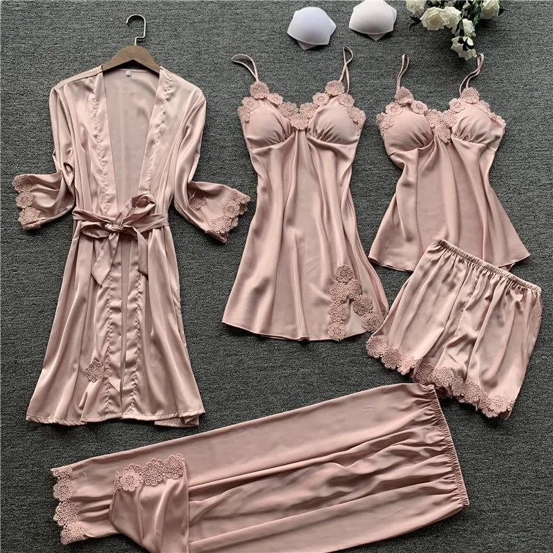 Desire Station 5 Pieces Silk Pajamas Sets Women Satin Sleepwear Robe Pants Autumn Pijamas