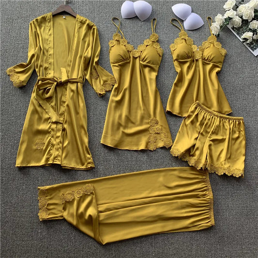 Desire Station 5 Pieces Silk Pajamas Sets Women Satin Sleepwear Robe Pants Autumn Pijamas