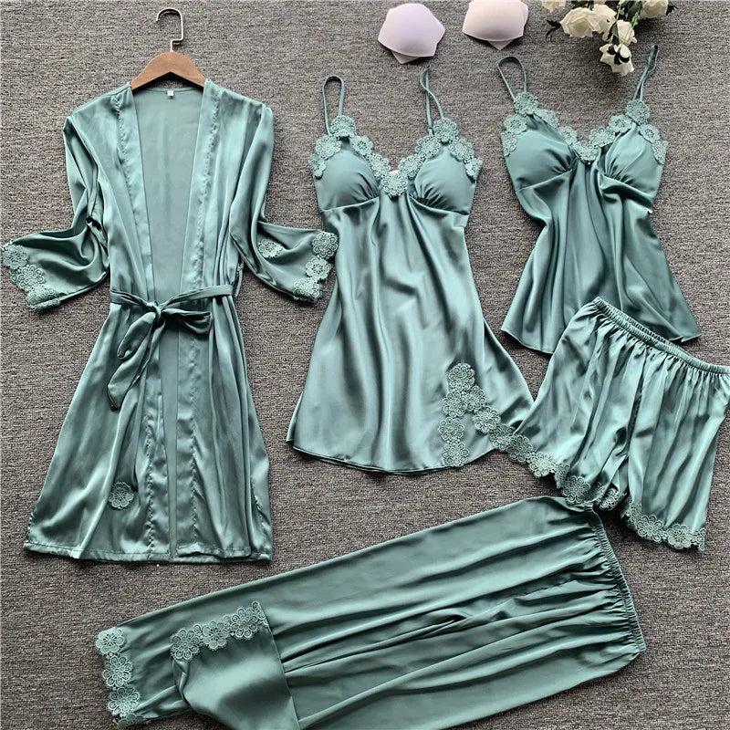 Desire Station 5 Pieces Silk Pajamas Sets Women Satin Sleepwear Robe Pants Autumn Pijamas