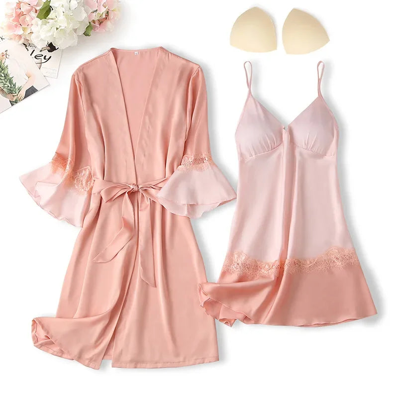 Desire Station  sexy sleepwear silk robe & gown sets padded lady femme nighties satin pyjamas