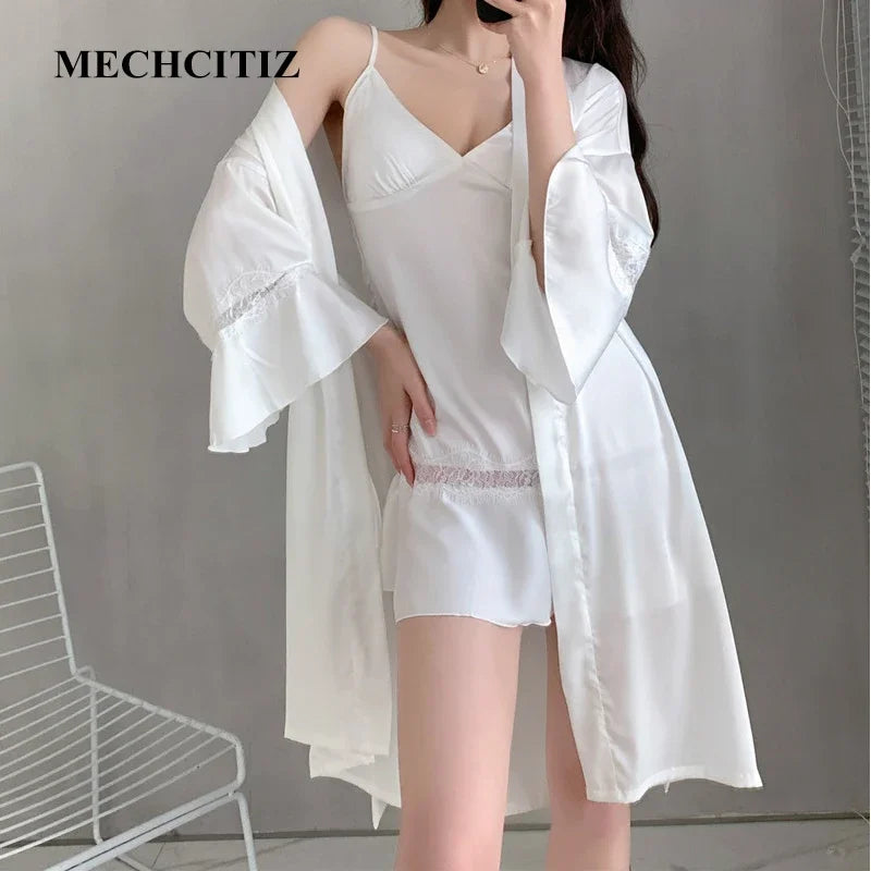 Desire Station  sexy sleepwear silk robe & gown sets padded lady femme nighties satin pyjamas