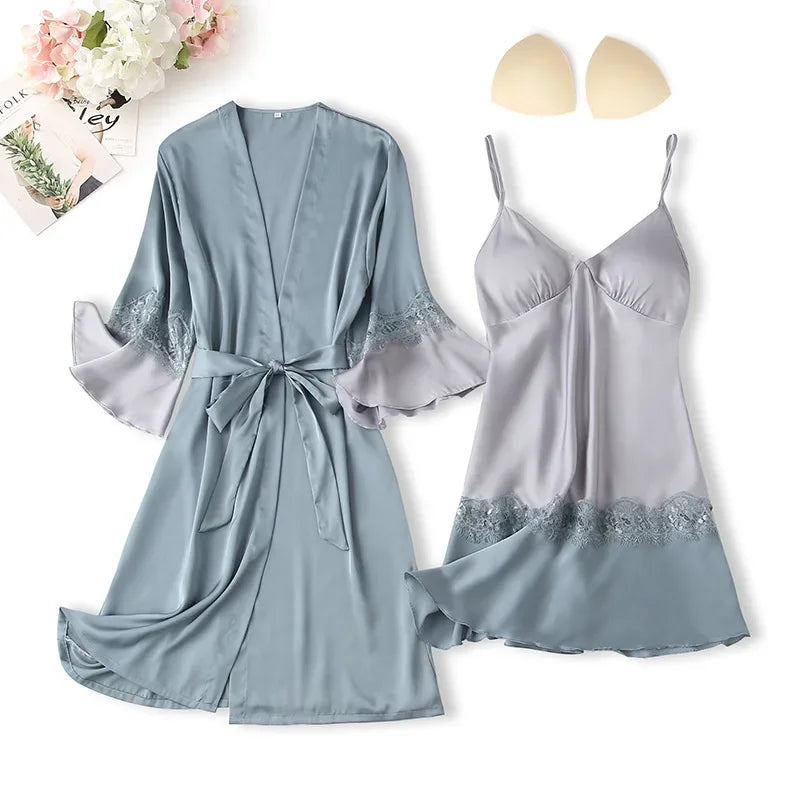 Desire Station  sexy sleepwear silk robe & gown sets padded lady femme nighties satin pyjamas