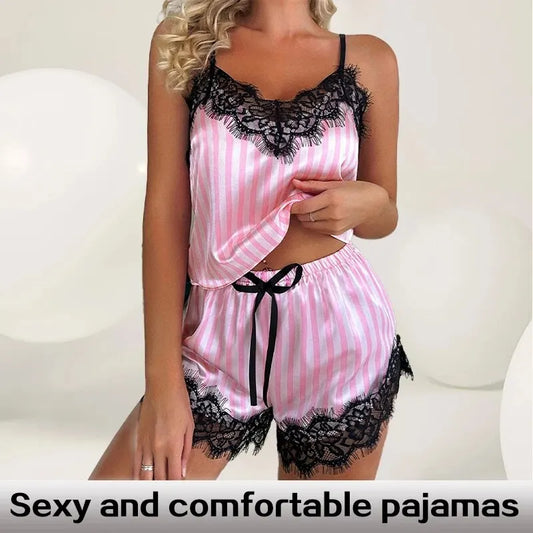 Desire Station Two Piece Women's V-Neck Sexy Lace Suspender Pajama Shorts Set